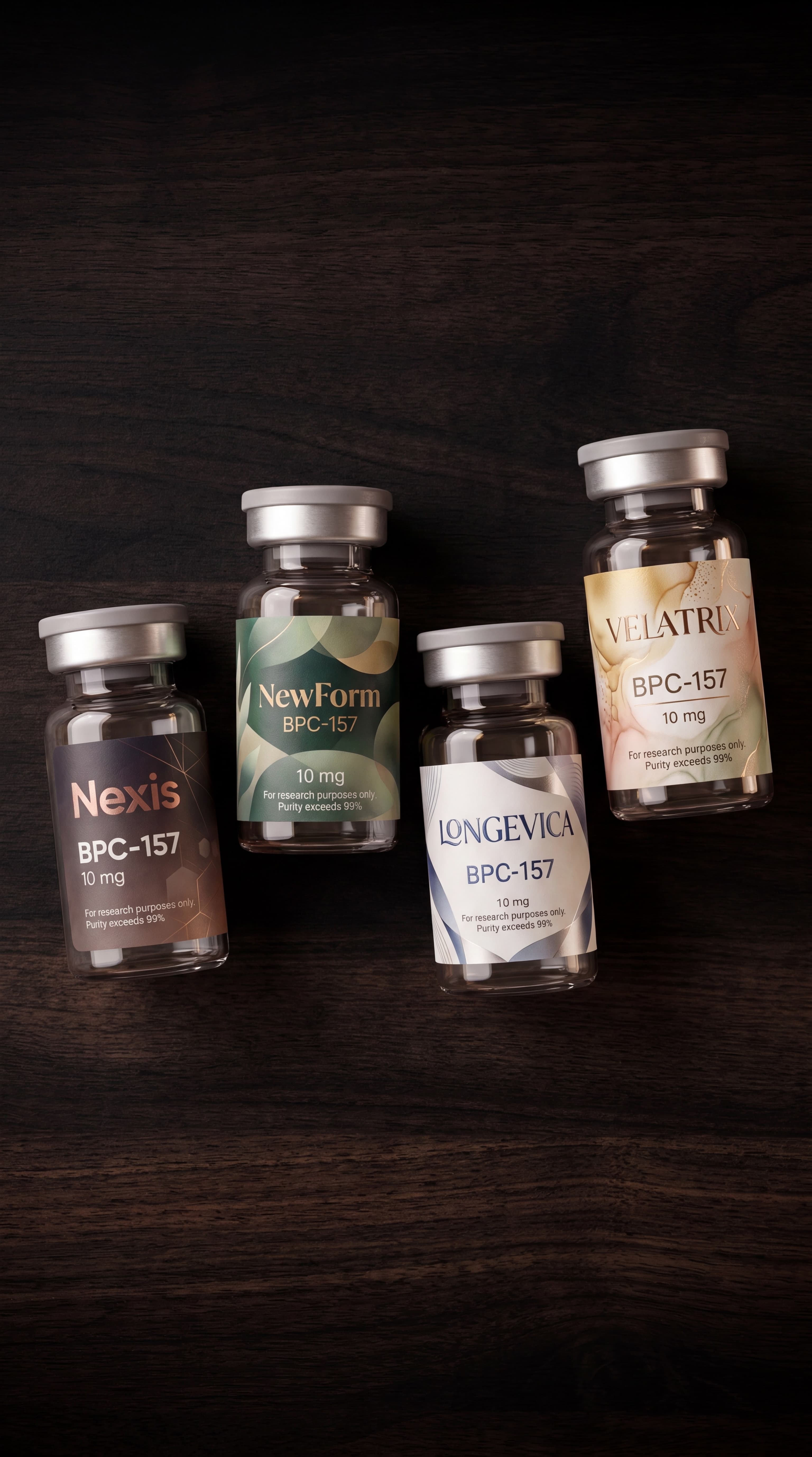 Four research peptide vials with custom RUO labels on a dark wooden table